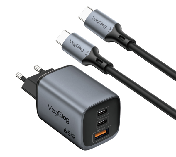 Bộ Sạc Nhanh GaN 65W 2C1A USB-C VegGieg V-M120 kèm cáp USB-C sạc siêu nhanh